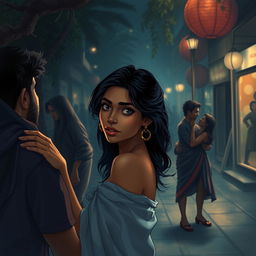A captivating illustration of a young Indian woman with gorgeous features, posed in an intimate scene set on a sidewalk in a dark, atmospheric street