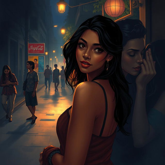 A captivating illustration of a young Indian woman with gorgeous features, posed in an intimate scene set on a sidewalk in a dark, atmospheric street