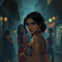 A captivating illustration of a young Indian woman with gorgeous features, posed in an intimate scene set on a sidewalk in a dark, atmospheric street