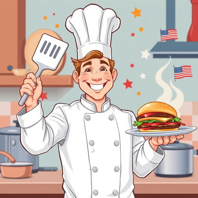 An illustration of a chef targeting an American audience, showcasing a charismatic and approachable character