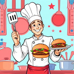 An illustration of a chef targeting an American audience, showcasing a charismatic and approachable character
