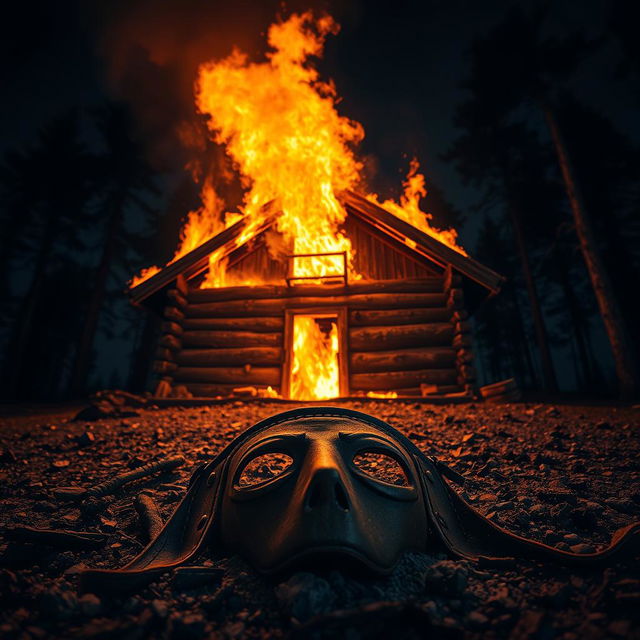 A dramatic scene featuring a rustic cabin engulfed in flames, the fire illuminating the night sky with bright orange and yellow hues