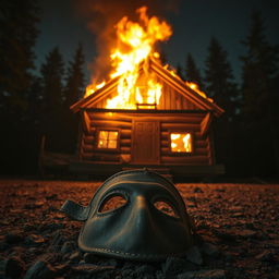 A dramatic scene featuring a rustic cabin engulfed in flames, the fire illuminating the night sky with bright orange and yellow hues
