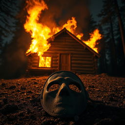 A dramatic scene featuring a rustic cabin engulfed in flames, the fire illuminating the night sky with bright orange and yellow hues