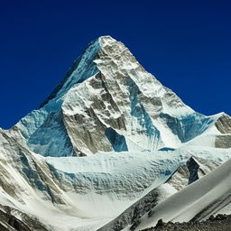 The majestic Mount Everest, its peak piercing the clear blue sky, surrounded by fluttering prayer flags and an expanse of white snow.