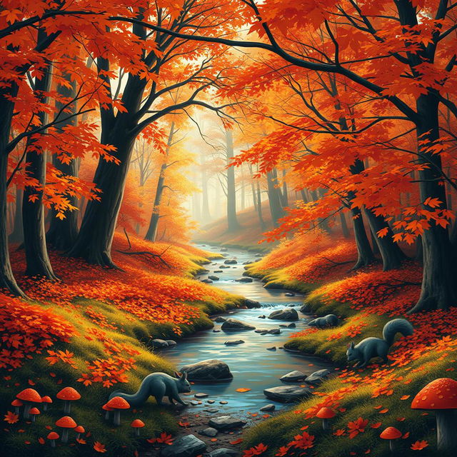 A serene and tranquil forest landscape during autumn, featuring vibrant orange, red, and yellow fall foliage covering the trees and ground