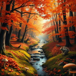 A serene and tranquil forest landscape during autumn, featuring vibrant orange, red, and yellow fall foliage covering the trees and ground