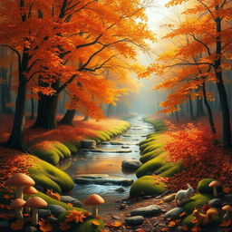 A serene and tranquil forest landscape during autumn, featuring vibrant orange, red, and yellow fall foliage covering the trees and ground