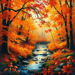 A serene and tranquil forest landscape during autumn, featuring vibrant orange, red, and yellow fall foliage covering the trees and ground