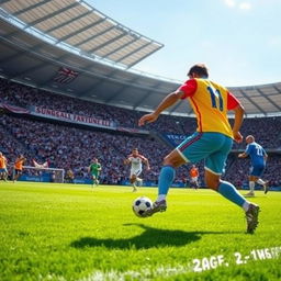 An intense soccer match taking place in a vibrant stadium filled with cheering fans