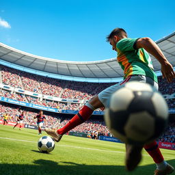 An intense soccer match taking place in a vibrant stadium filled with cheering fans