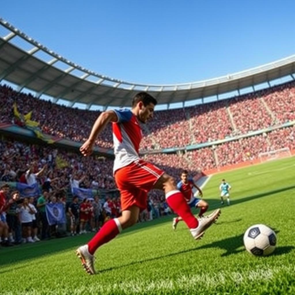 An intense soccer match taking place in a vibrant stadium filled with cheering fans