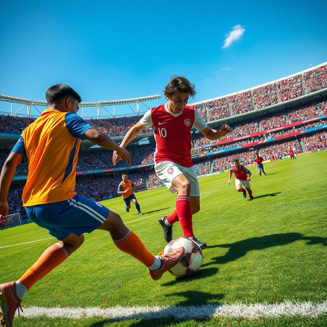 An intense soccer match taking place in a vibrant stadium filled with cheering fans