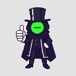 A character in a pixel art style, dressed in an elegant black outfit with a cloak and a top hat, giving a thumbs up