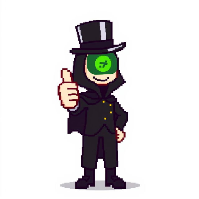 A character in a pixel art style, dressed in an elegant black outfit with a cloak and a top hat, giving a thumbs up