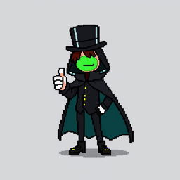 A character in a pixel art style, dressed in an elegant black outfit with a cloak and a top hat, giving a thumbs up