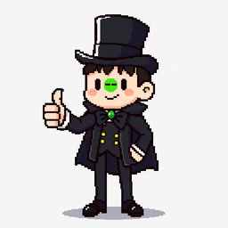 A character in a pixel art style, dressed in an elegant black outfit with a cloak and a top hat, giving a thumbs up