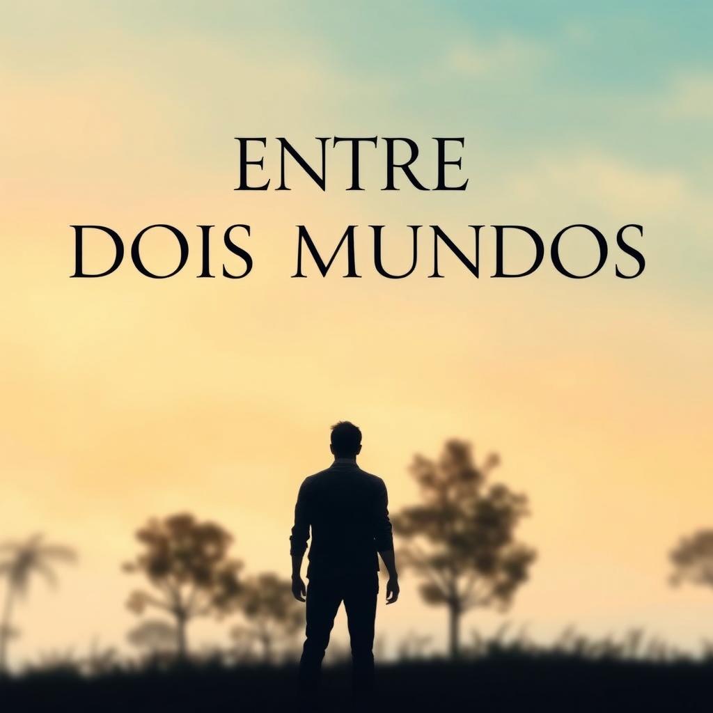 A movie cover for "Entre Dois Mundos" featuring a soft, light orange and blue sky in the background