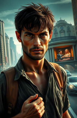 A dramatic scene depicting a poor man arriving in a bustling city, filled with determination and a sense of purpose