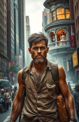 A dramatic scene depicting a poor man arriving in a bustling city, filled with determination and a sense of purpose