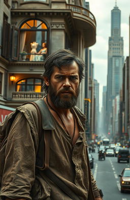 A dramatic scene depicting a poor man arriving in a bustling city, filled with determination and a sense of purpose
