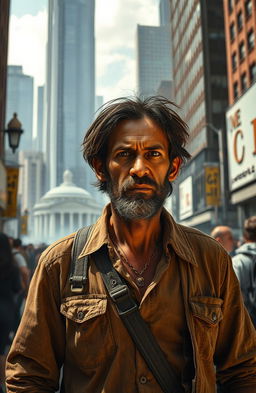 A gritty urban scene depicting a determined poor man who has just entered a bustling city