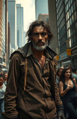 A gritty urban scene depicting a determined poor man who has just entered a bustling city