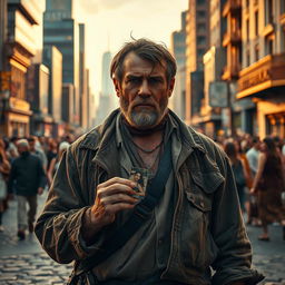 A dramatic scene of a rugged poor man in tattered clothes standing at the entrance of a bustling city, filled with wealthy people and luxurious buildings in the background