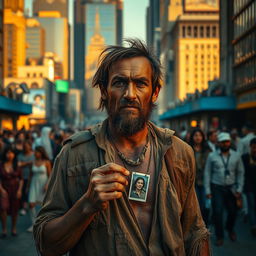 A dramatic scene of a rugged poor man in tattered clothes standing at the entrance of a bustling city, filled with wealthy people and luxurious buildings in the background