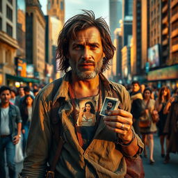 A dramatic scene of a rugged poor man in tattered clothes standing at the entrance of a bustling city, filled with wealthy people and luxurious buildings in the background