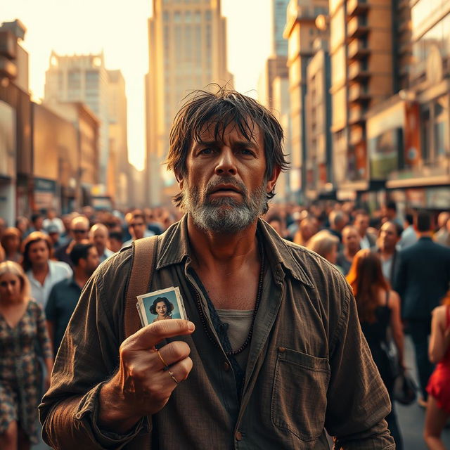 A dramatic scene of a rugged poor man in tattered clothes standing at the entrance of a bustling city, filled with wealthy people and luxurious buildings in the background