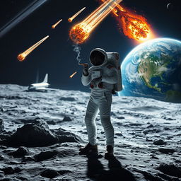 A dramatic scene capturing a shuttle landing on the moon, with a rugged lunar landscape and craters in the background