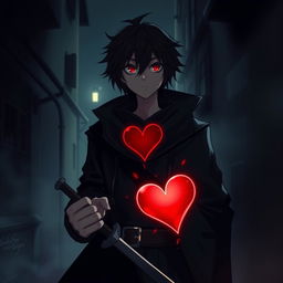 A dramatic and intense scene depicting a character, dressed in dark clothing, standing in a shadowy alleyway with a look of fierce determination on their face