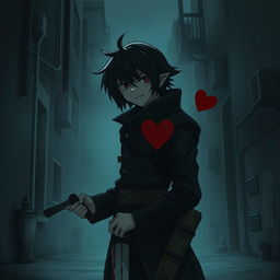 A dramatic and intense scene depicting a character, dressed in dark clothing, standing in a shadowy alleyway with a look of fierce determination on their face