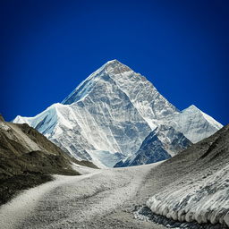 The majestic Mount Everest, its peak piercing the clear blue sky, surrounded by fluttering prayer flags and an expanse of white snow.