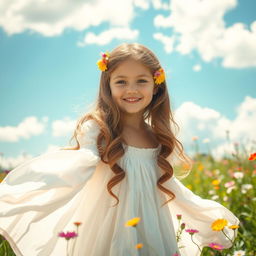 A beautiful girl in a sunlit meadow, wearing a flowing white dress that billows gently in the breeze