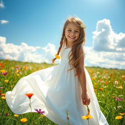A beautiful girl in a sunlit meadow, wearing a flowing white dress that billows gently in the breeze