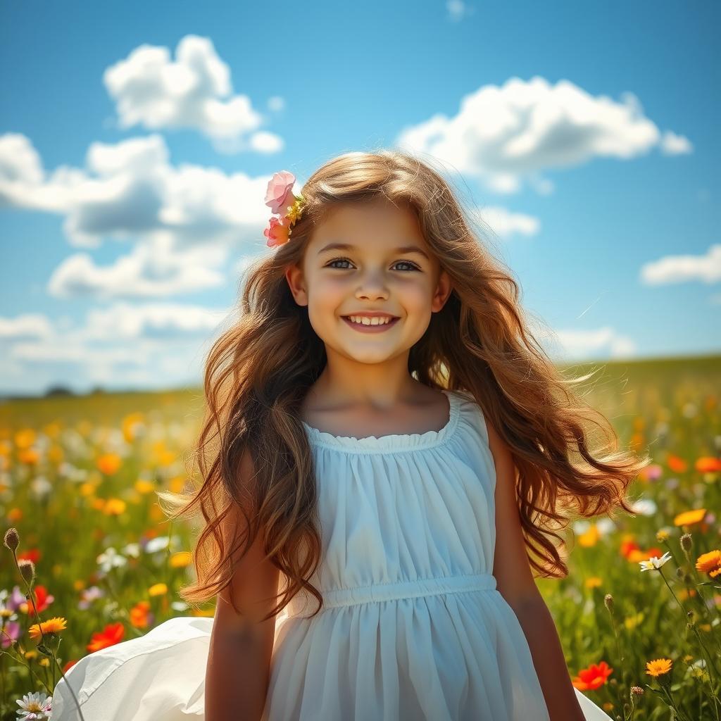 A beautiful girl in a sunlit meadow, wearing a flowing white dress that billows gently in the breeze