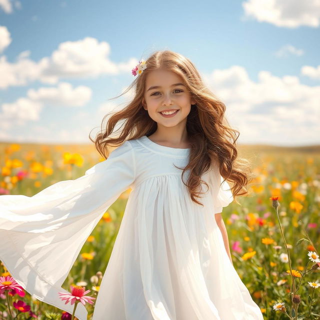 A beautiful girl in a sunlit meadow, wearing a flowing white dress that billows gently in the breeze