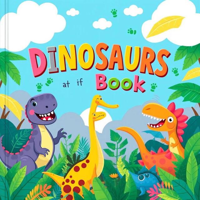 A vibrant and playful book cover for children featuring a theme of dinosaurs