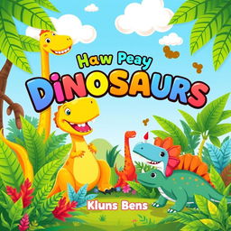 A vibrant and playful book cover for children featuring a theme of dinosaurs