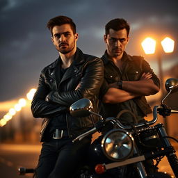 A dark romance scene featuring a handsome, rugged biker with a leather jacket and tattoos, standing beside his best friend’s brother, who has a brooding expression and a hint of danger in his eyes