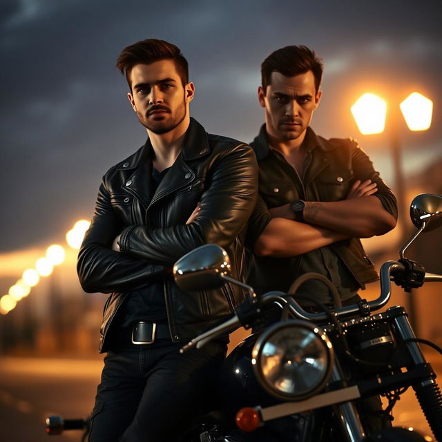 A dark romance scene featuring a handsome, rugged biker with a leather jacket and tattoos, standing beside his best friend’s brother, who has a brooding expression and a hint of danger in his eyes