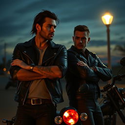 A dark romance scene featuring a handsome, rugged biker with a leather jacket and tattoos, standing beside his best friend’s brother, who has a brooding expression and a hint of danger in his eyes