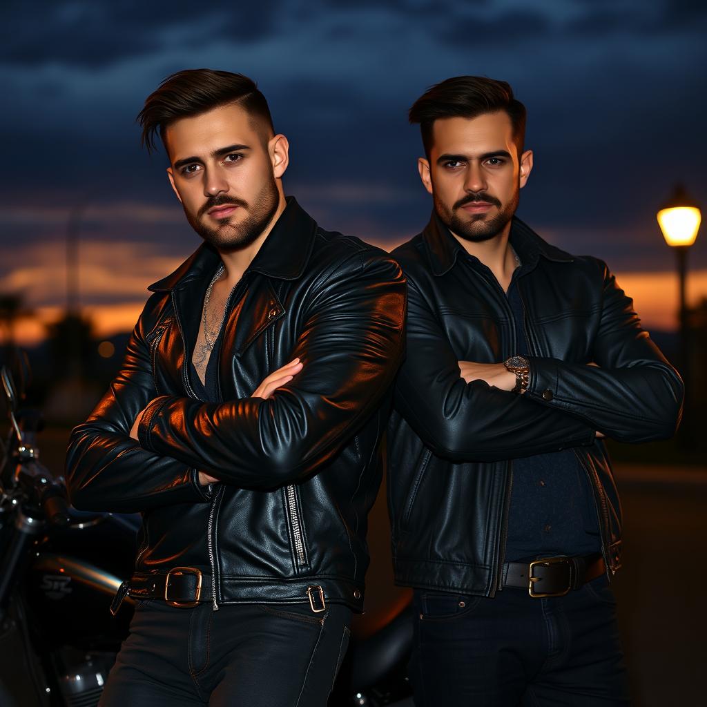 A dark romance scene featuring a handsome, rugged biker with a leather jacket and tattoos, standing beside his best friend’s brother, who has a brooding expression and a hint of danger in his eyes