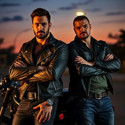 A dark romance scene featuring a handsome, rugged biker with a leather jacket and tattoos, standing beside his best friend’s brother, who has a brooding expression and a hint of danger in his eyes