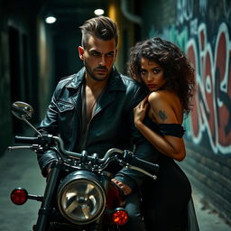 A captivating dark romance scene between a tough-looking biker with a leather jacket and tattoos and a beautiful socialite girl with curly hair, dressed elegantly