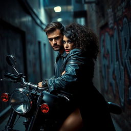 A captivating dark romance scene between a tough-looking biker with a leather jacket and tattoos and a beautiful socialite girl with curly hair, dressed elegantly