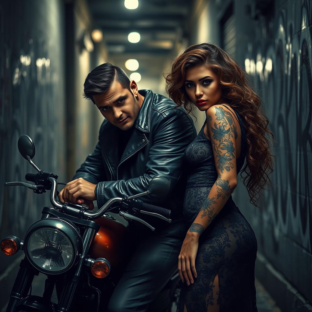 A captivating dark romance scene between a tough-looking biker with a leather jacket and tattoos and a beautiful socialite girl with curly hair, dressed elegantly