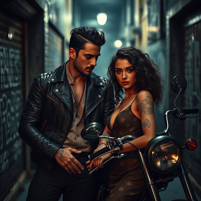 A captivating dark romance scene between a tough-looking biker with a leather jacket and tattoos and a beautiful socialite girl with curly hair, dressed elegantly